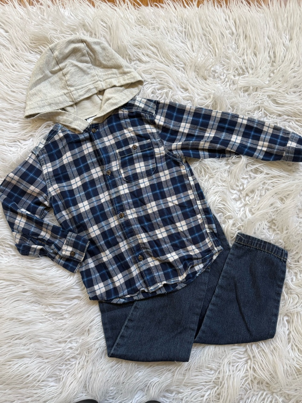 Boys Blue Plaid Hooded Button-Up Shirt and Matching Jeans